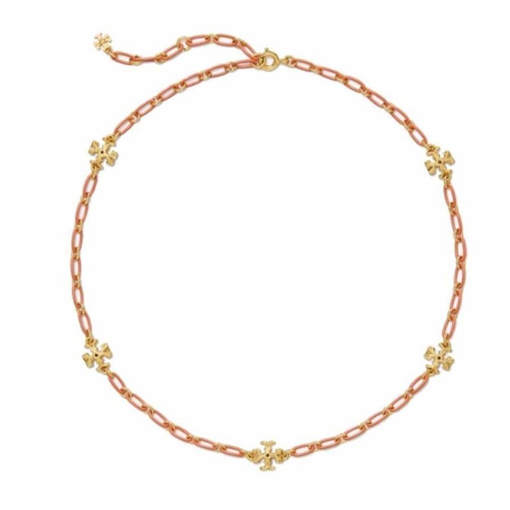Tory Burch Rose Gold Chain Necklace with Gold Logo Accents